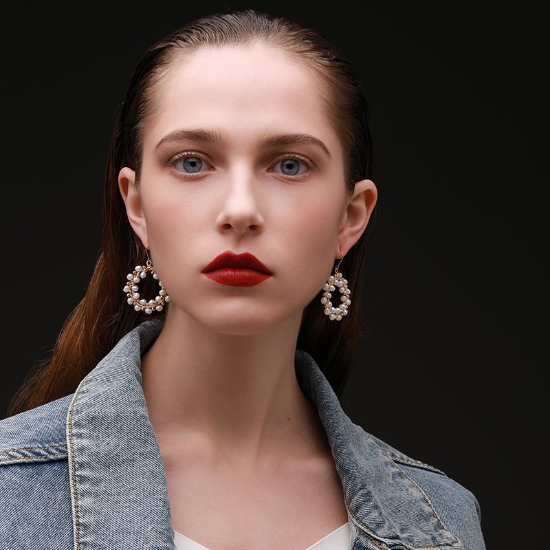 Geometric Series Double Layer Circular Pearl Chandelier Earrings - CKCQ2019025