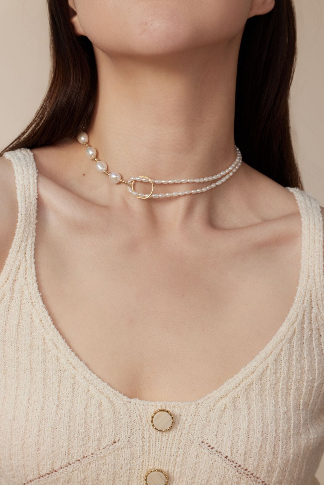 Embellished Series Pearl Stitching Double Layer Necklace - CKDZ2021077