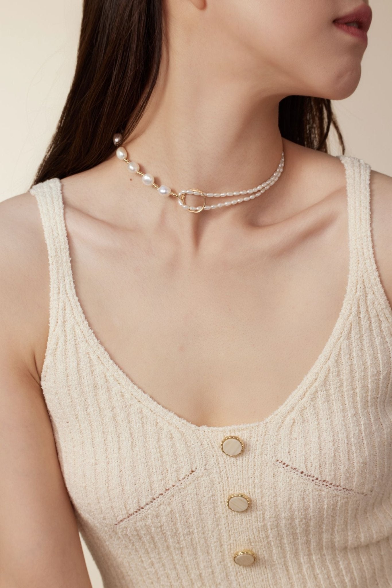 Embellished Series Pearl Stitching Double Layer Necklace - CKDZ2021077