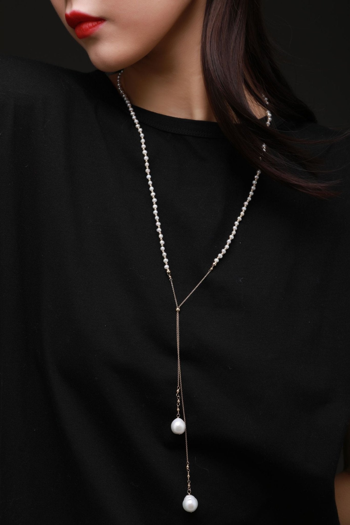 Embellished Series Double Pendant Pearl Y Necklace/Sweater Chain - CKDZ2021079