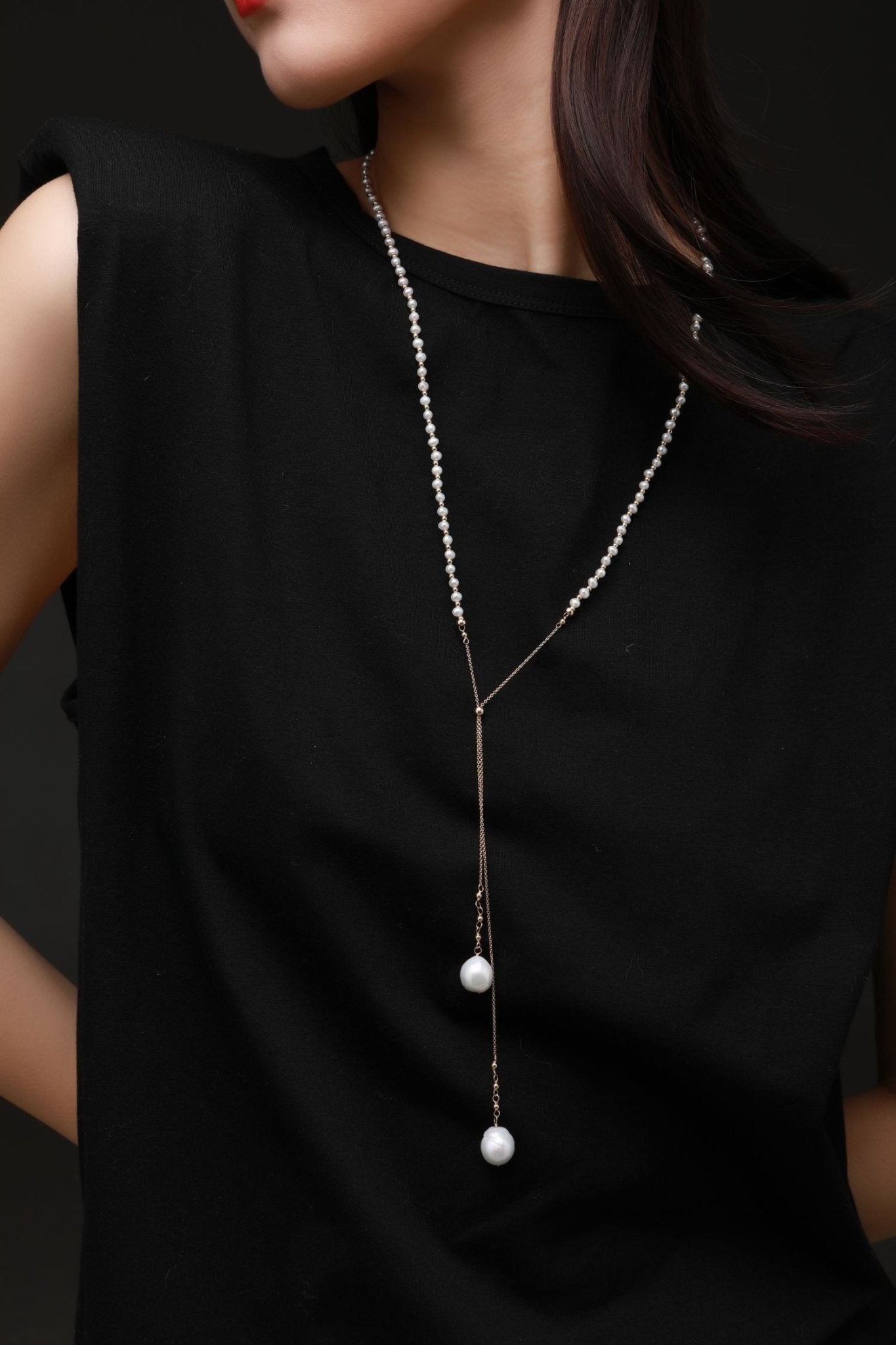 Embellished Series Double Pendant Pearl Y Necklace/Sweater Chain - CKDZ2021079