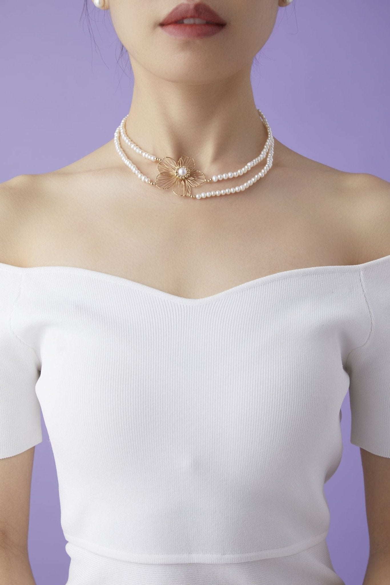 Classic Filigree Series Single Flower Double Layer Pearl Choker Necklace - CKJD2022252