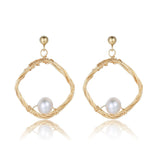 Geometric Series Square Inner Pearl Twisted Wire Earrings - CKJH2020036