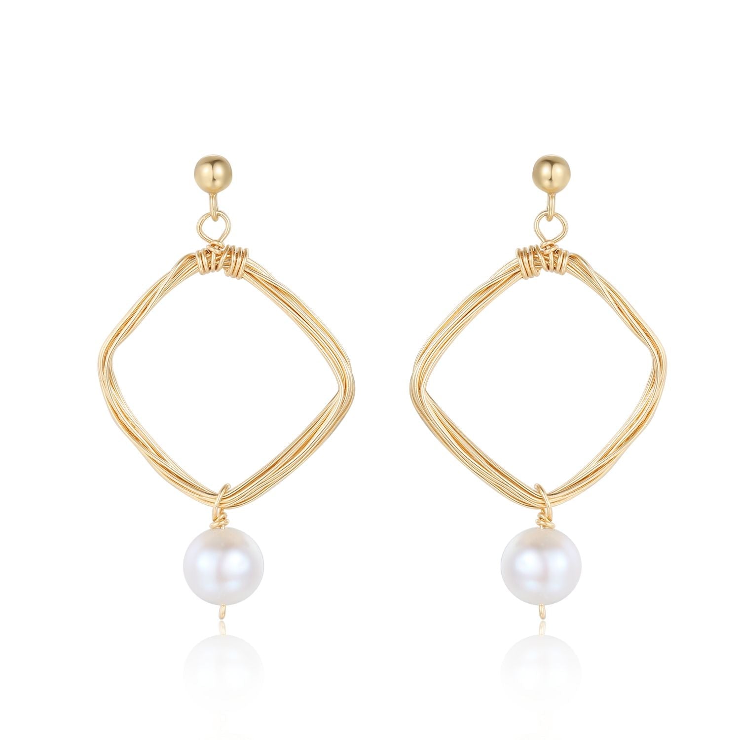 Geometric Series Square Dangle Pearl and Twisted Wire Earrings - CKJH2020038