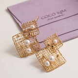 Geometric Series Large and Small Square Pearl Earrings - CKJH2023012