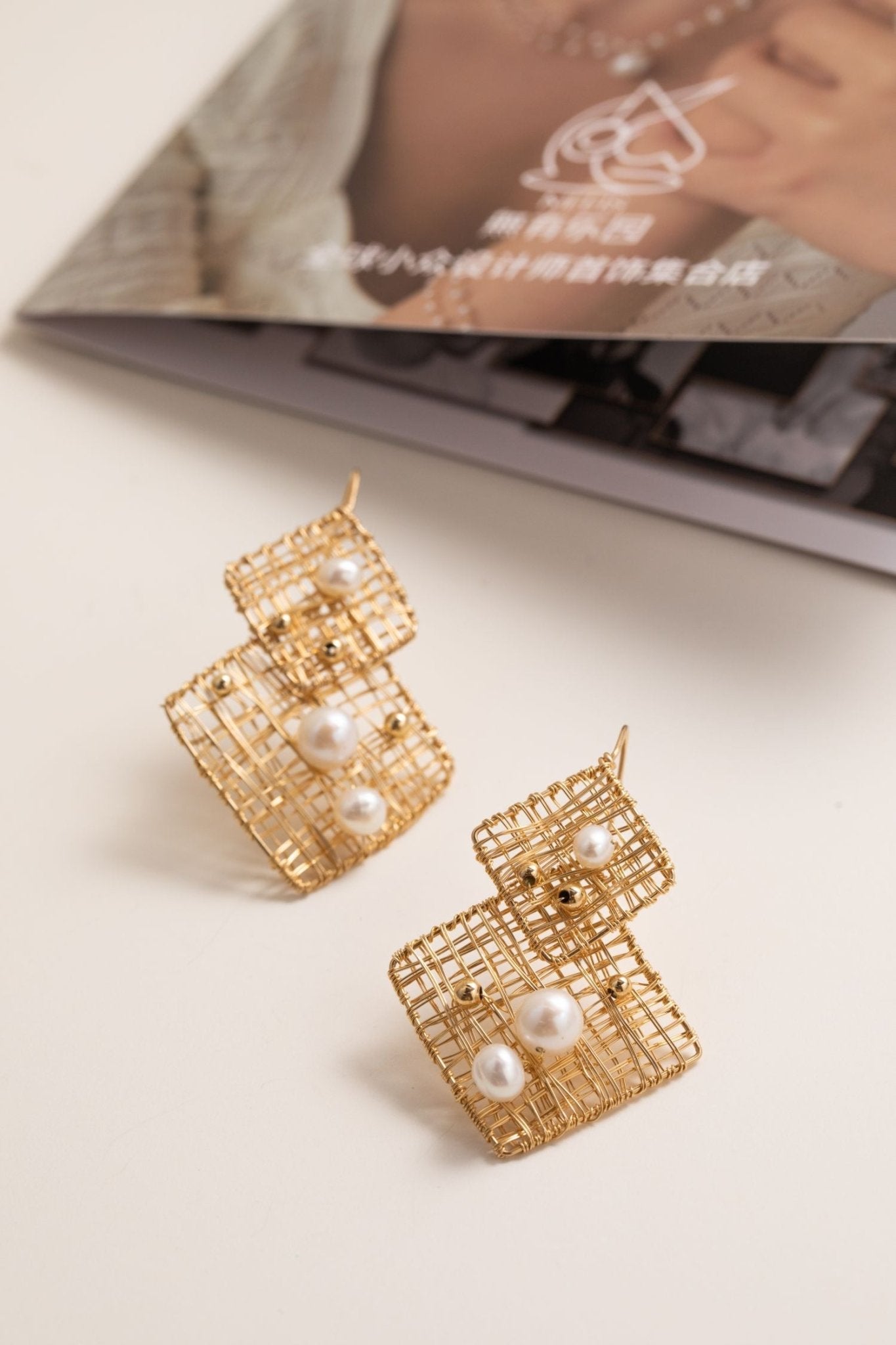 Geometric Series Large and Small Square Pearl Earrings - CKJH2023012