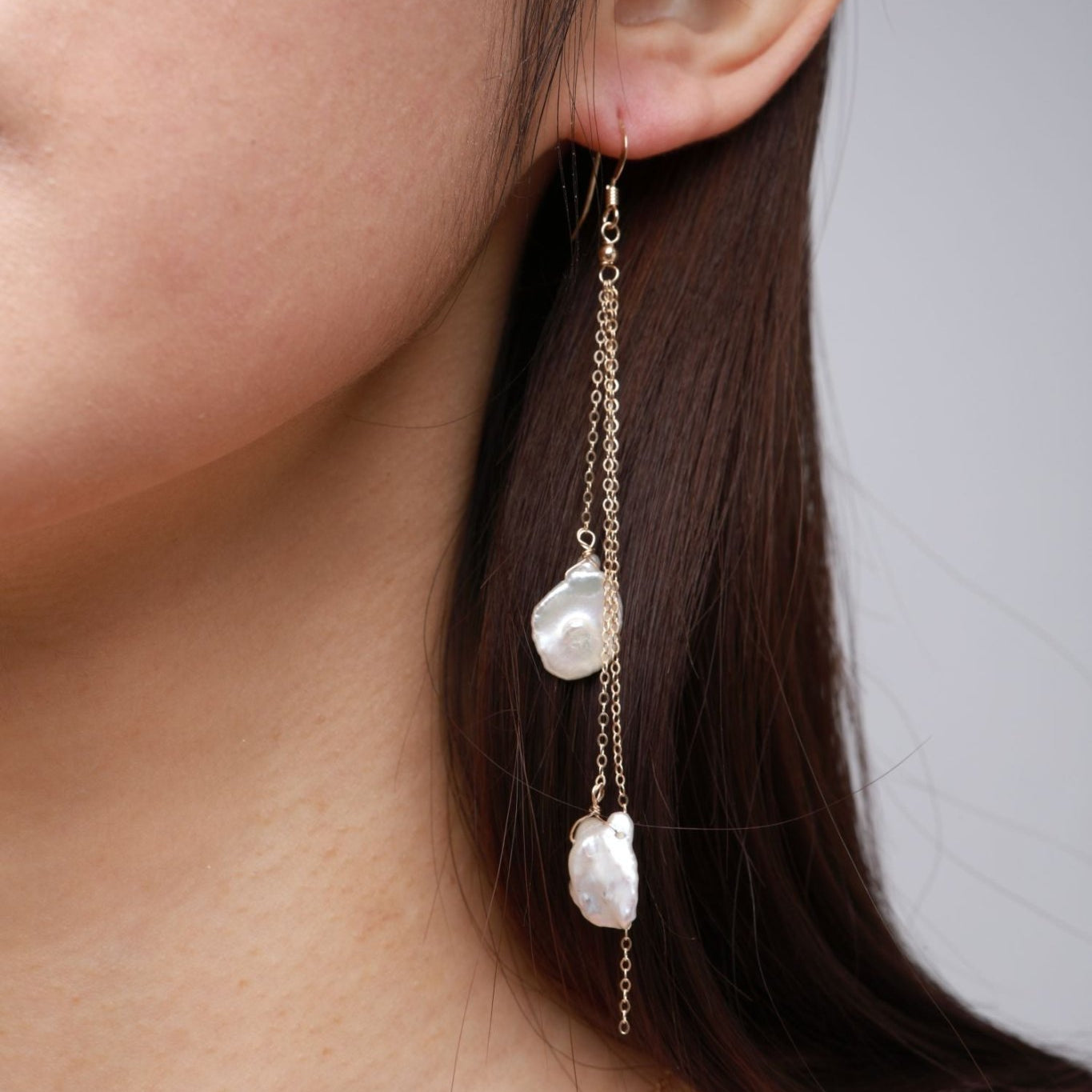 Falling Petals Series Two Petal Baroque Pearl Long Dangle Earrings - CKLY2021054