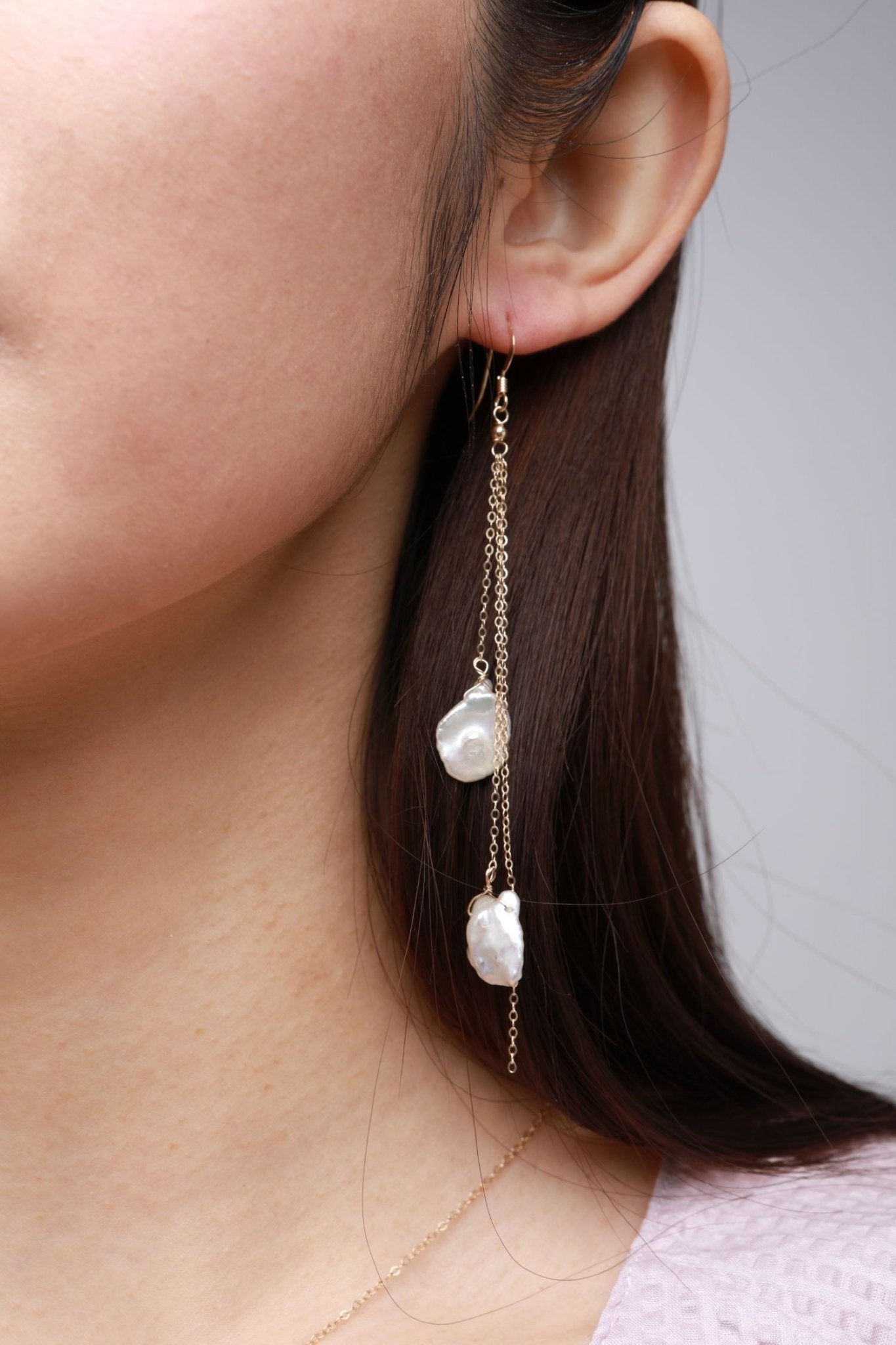 Falling Petals Series Two Petal Baroque Pearl Long Dangle Earrings - CKLY2021054