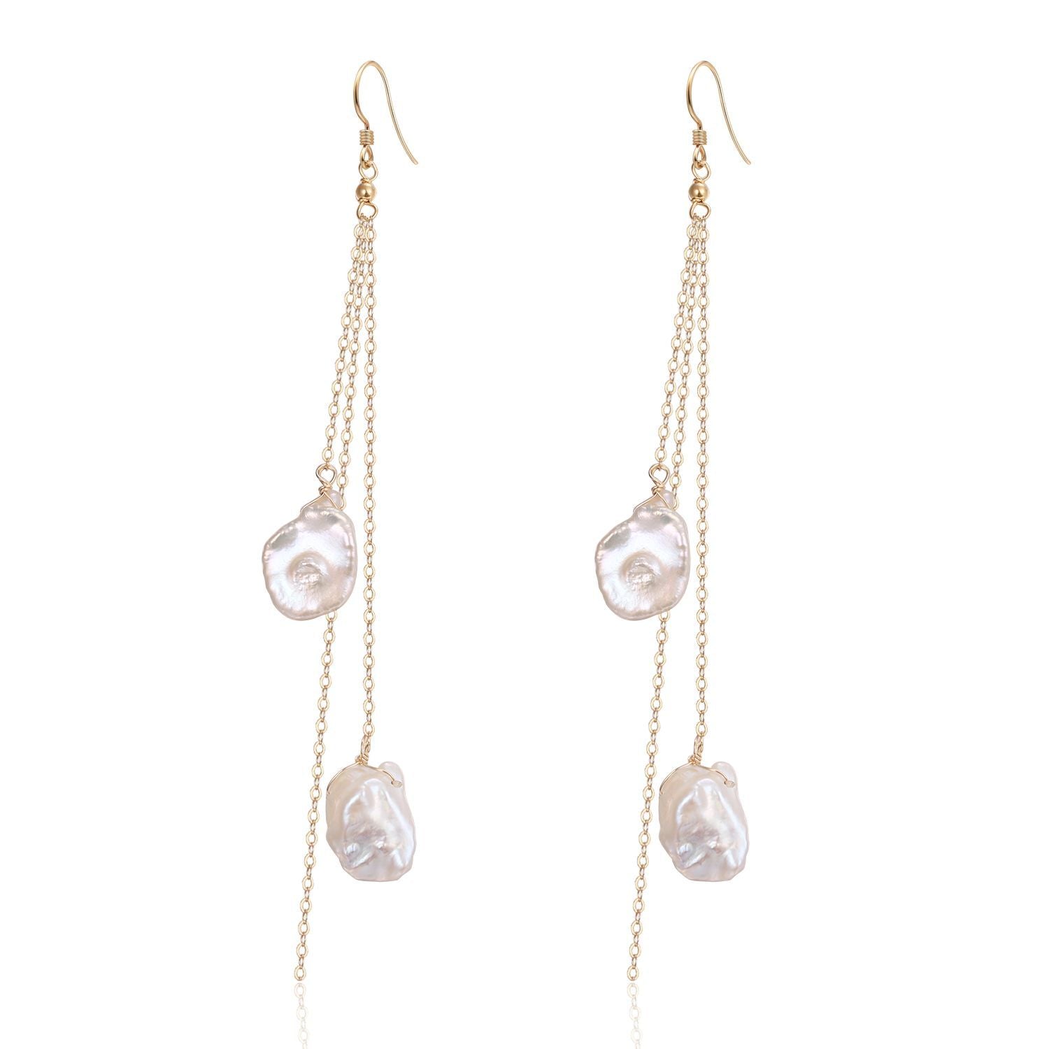 Falling Petals Series Two Petal Baroque Pearl Long Dangle Earrings - CKLY2021054