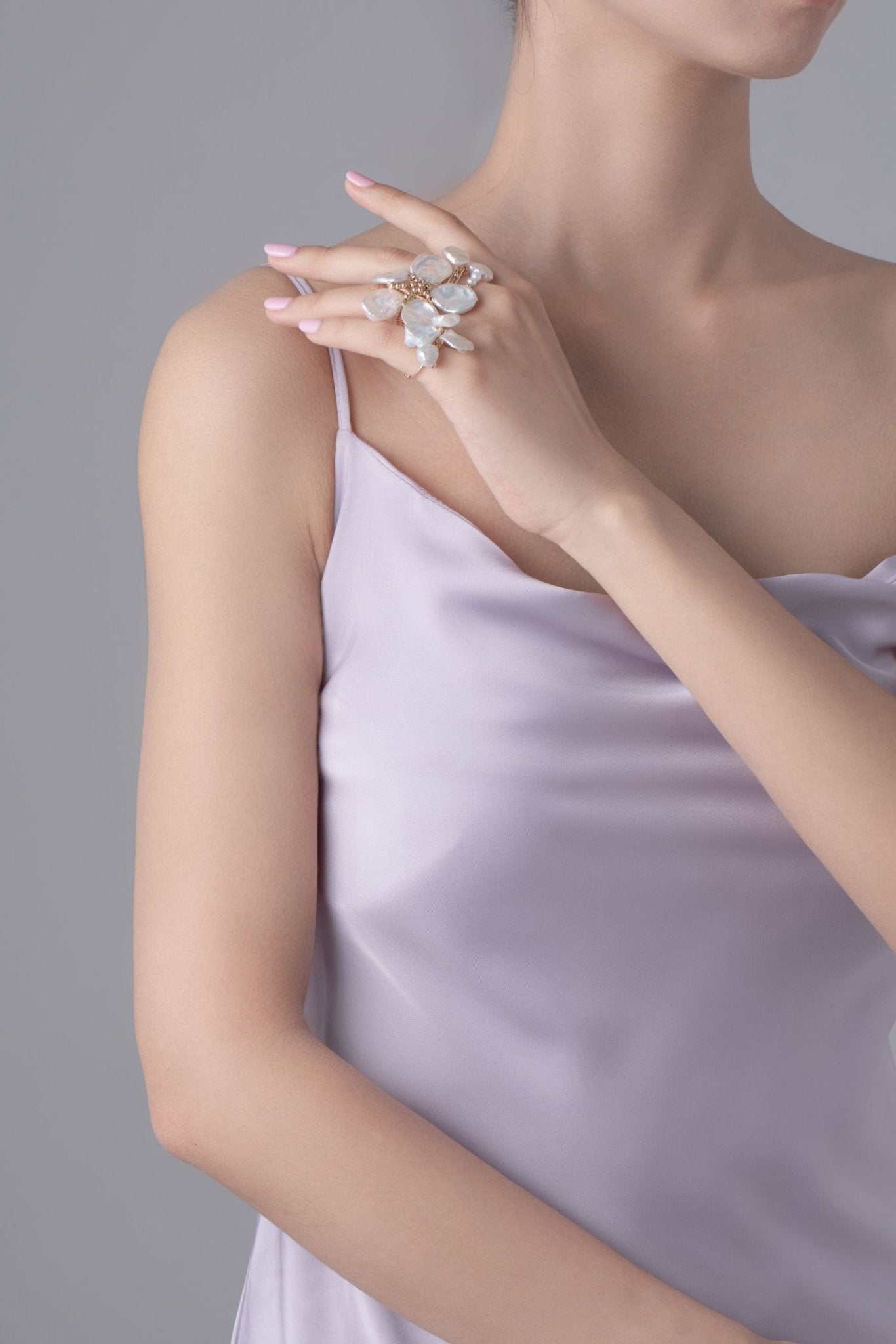 Falling Petals Series Broken Petal Baroque Pearl Two - Finger Open Ring - CKLY2023056