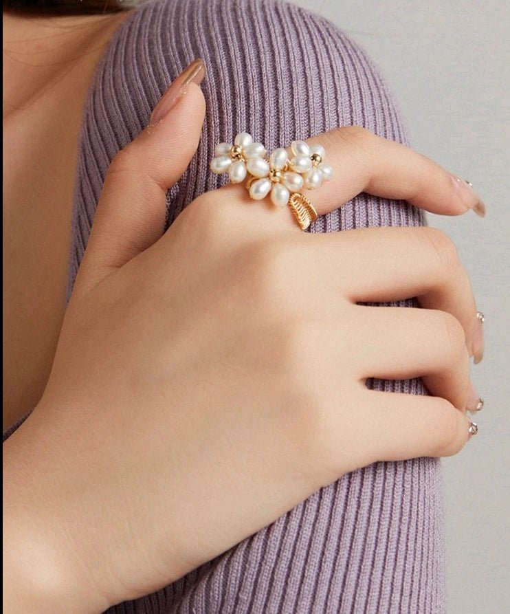 Falling Petals Series Pearl Daffodil Blossom Open Ring - CKLY2024016