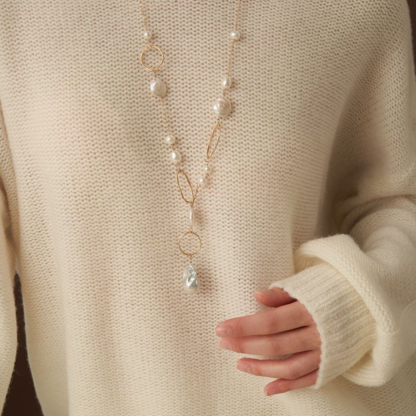 Miracle Series Baroque Pearl Long Necklace with Geometric Patterns/Sweater Chain - CKQJ2023080