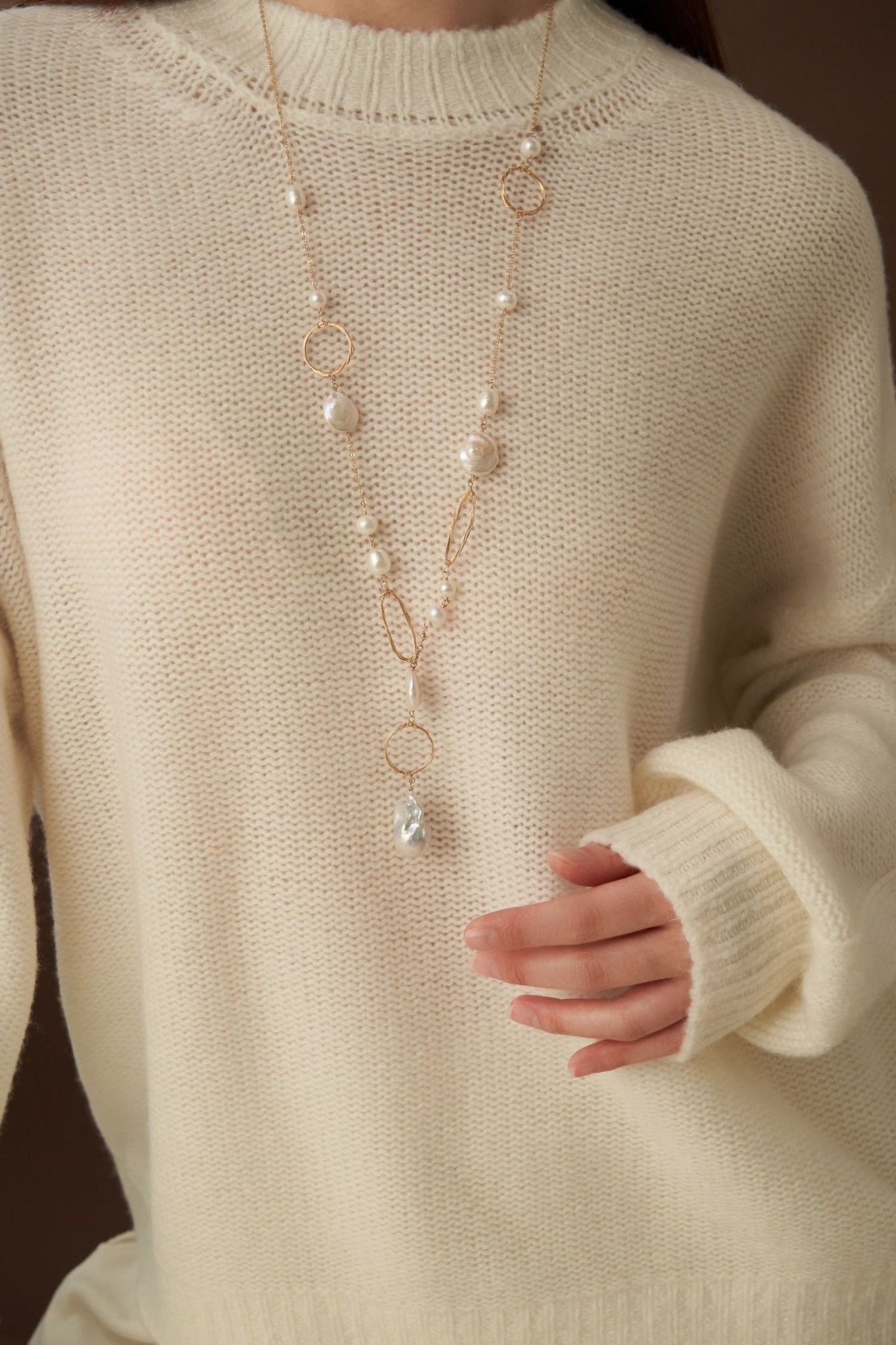 Miracle Series Baroque Pearl Long Necklace with Geometric Patterns/Sweater Chain - CKQJ2023080