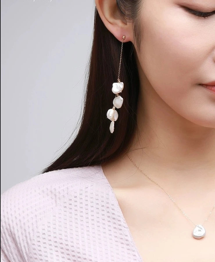 Falling Petals Series Quadruple Petal Baroque Pearl Drop Earrings - COCOKIM