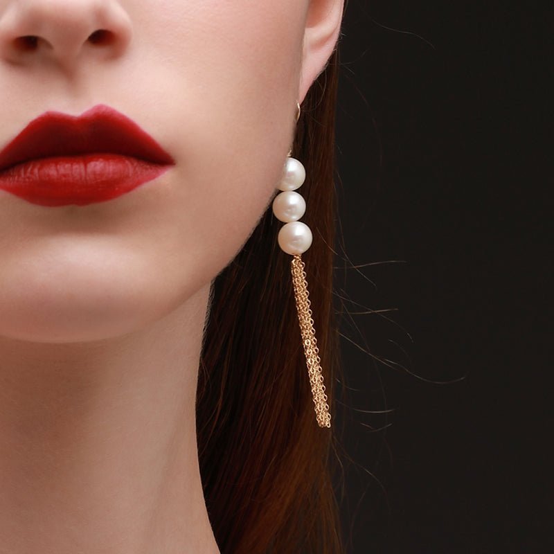 Flowing Bead Series Triple Pearl Tassel Earrings - COCOKIM