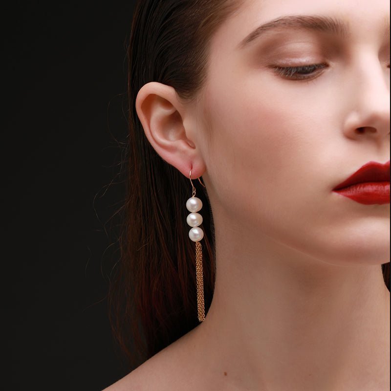 Flowing Bead Series Triple Pearl Tassel Earrings - COCOKIM