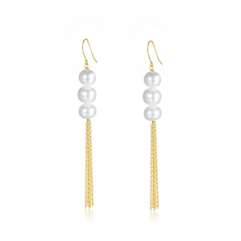 Flowing Bead Series Triple Pearl Tassel Earrings - COCOKIM