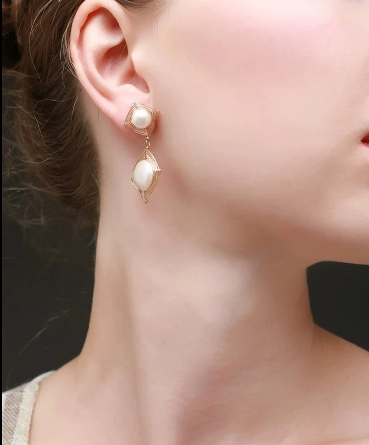 Geometric Series Square Pearl Drop Earrings Ear Clip - COCOKIM